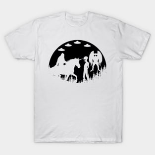 Bigfoot Riding Unicorn With Mothman Ufos And Alien T-Shirt